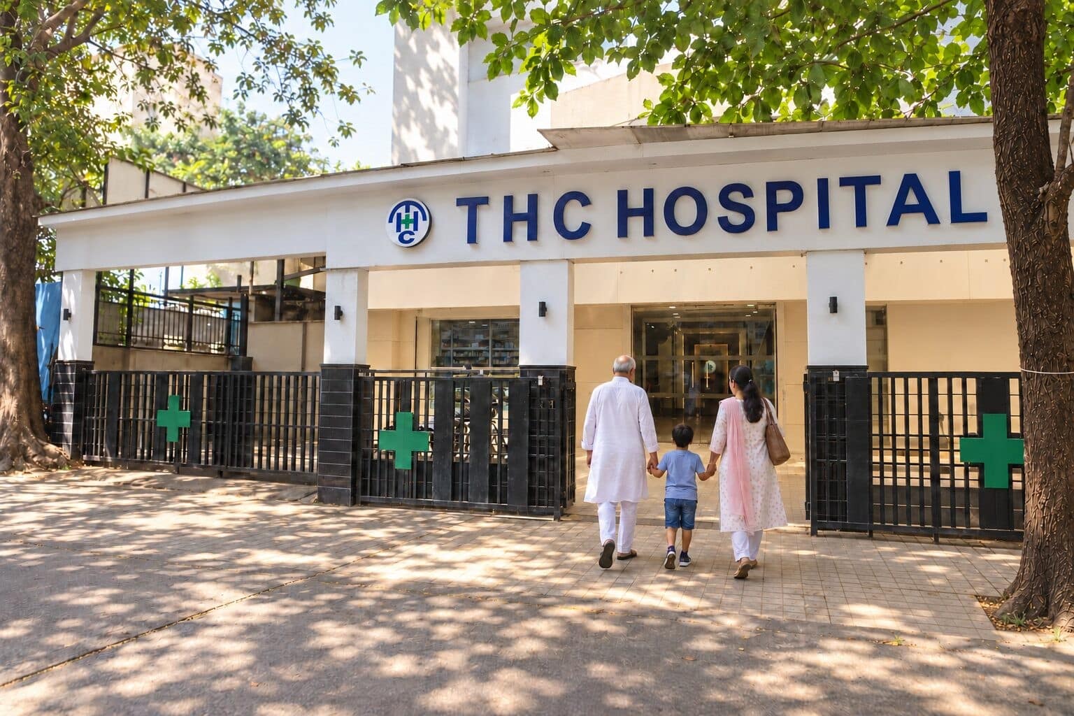 A family walking hand in hand through the gate of THC Hospital